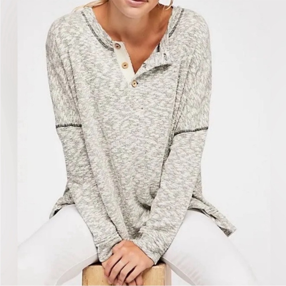 Free People Beach Gray Oversized Henley Sweater [Extra Small / XS]